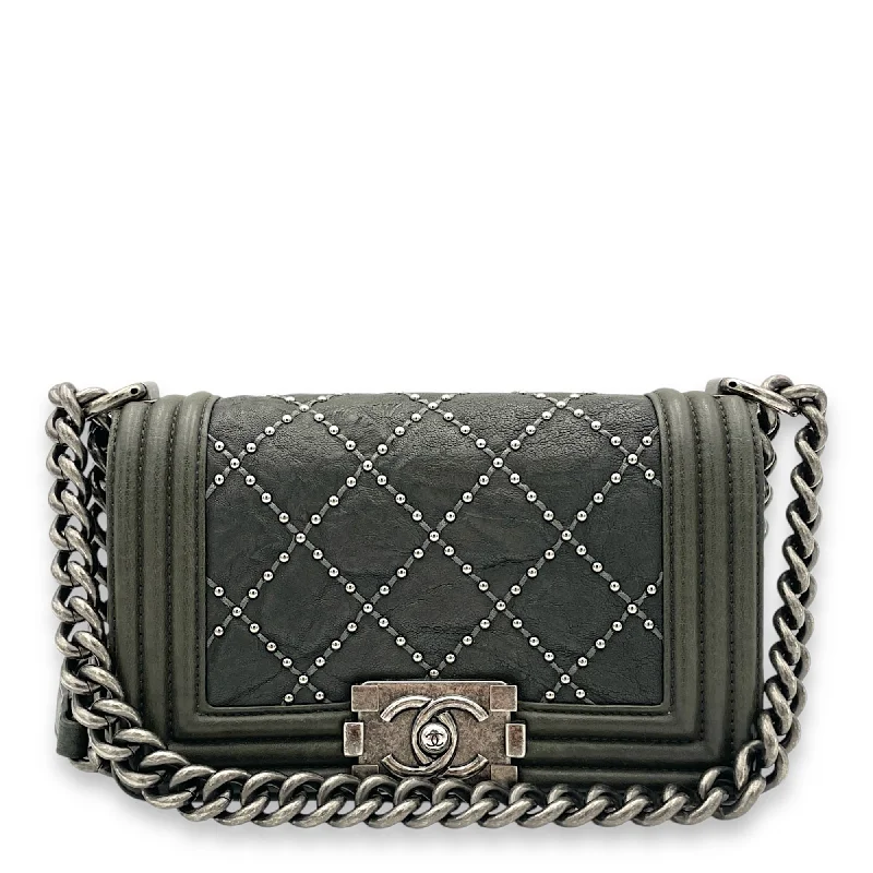 Discounted Designer Bags For Clearance Sale Studded Boy Small Grey Crossbody Bag in Calfskin, Ruthenium hardware