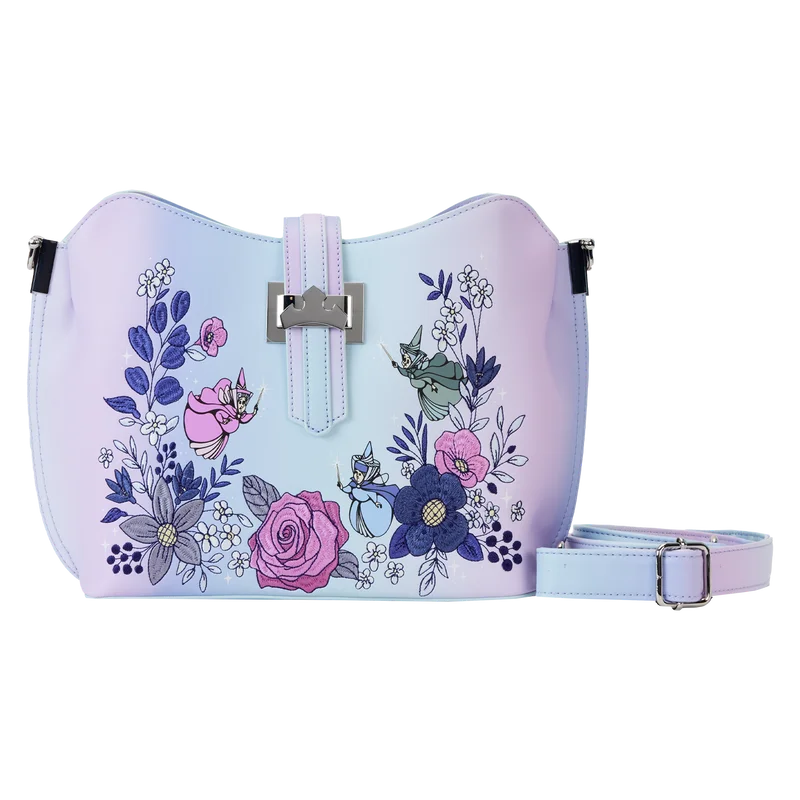 Style Revolution Loungefly DISNEY SLEEPING BEAUTY 65TH ANNIVERSARY FLORAL CROWN CROSSBODY BAG