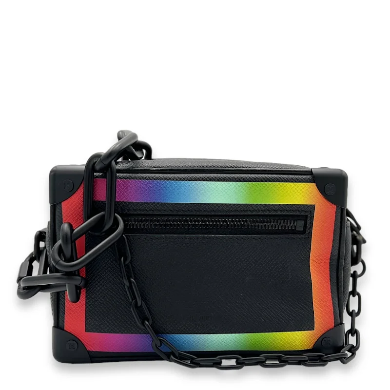 Comfortable Chic Soft Trunk Mini Black Crossbody Bag in Taiga Leather, Lacquered Metal hardware