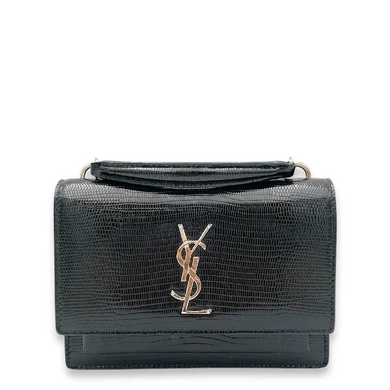 Spring Offer Sunset Black Crossbody Bag in Lizard Embossed, Silver hardware