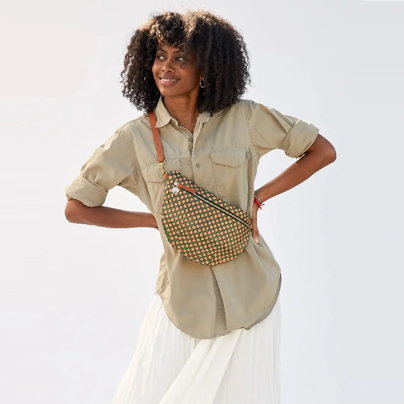Trendy And Discounted Designer Handbags Grande Fanny Pack (Safari Green + Coral Woven Checker)