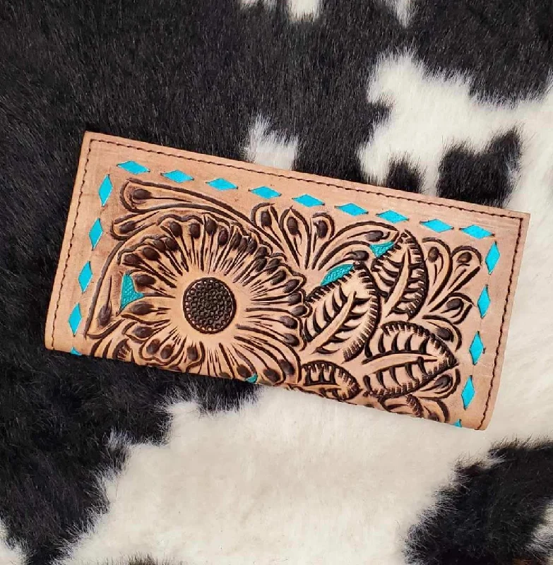 Affordable Handbags Tan Leather Turquoise Lacing Bi-fold Wallet