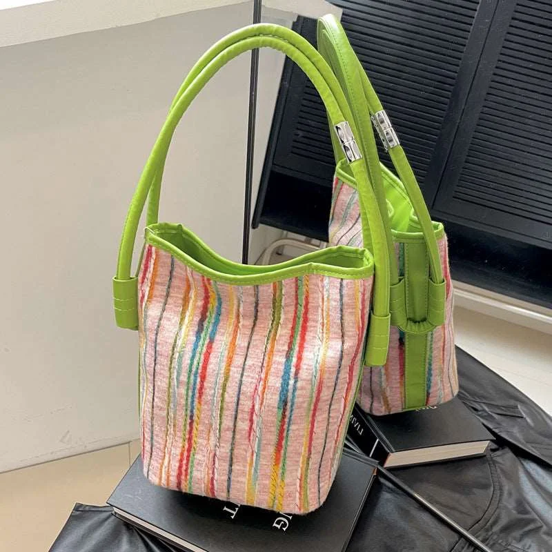 Eco-Friendly And Discounted Bags Canvas Bucket Bags For Women Summer Popular New Fashion Color Contrast