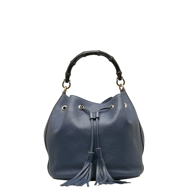 Clearance-Priced Bags GUCCI Bamboo Fringe Tassel Bucket Bag 2WAY 387613 Blue Leather