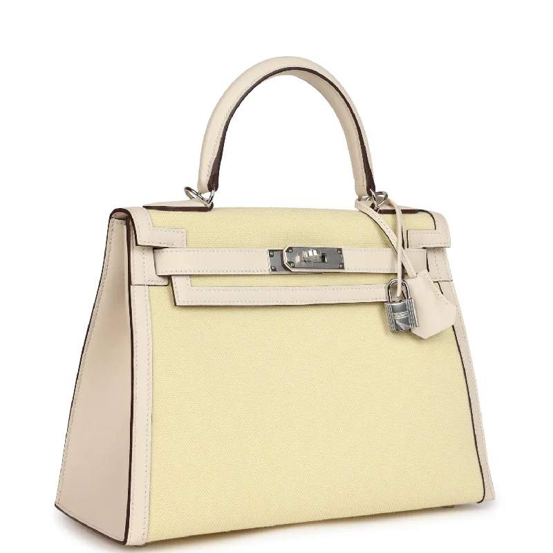 Discounted Designer Bags For Clearance Sale Hermes Kelly Sellier 28 Nata Swift and Jaune Citron Toile H Canvas Palladium Hardware Discounted Designer Bags For Clearance Sale Hermes Kelly Sellier 28 Nata Swift and Jaune Citron Toile H Canvas Palladium Hardware