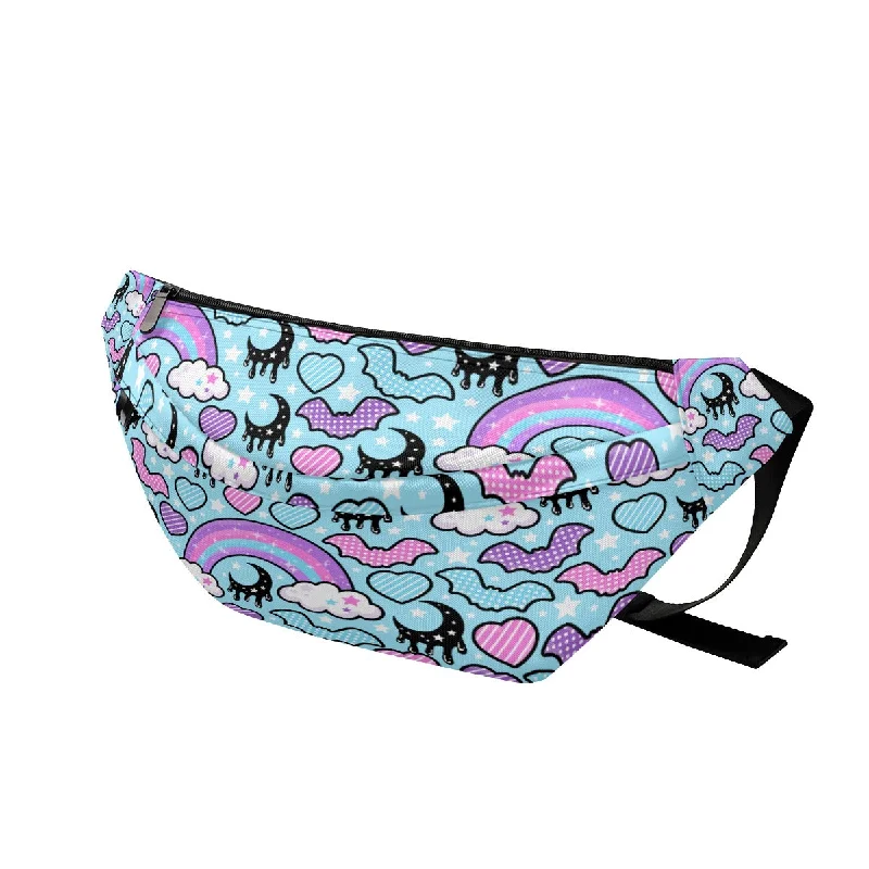 Urban Style Rainbow Spooky Bats Blue Large Fanny Pack Bag