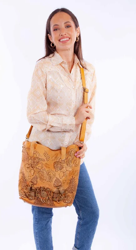 Eco-Friendly Bags For Sustainable Fashion Lovers Scully Womens Floral Applique Tan Leather Bucket Bag