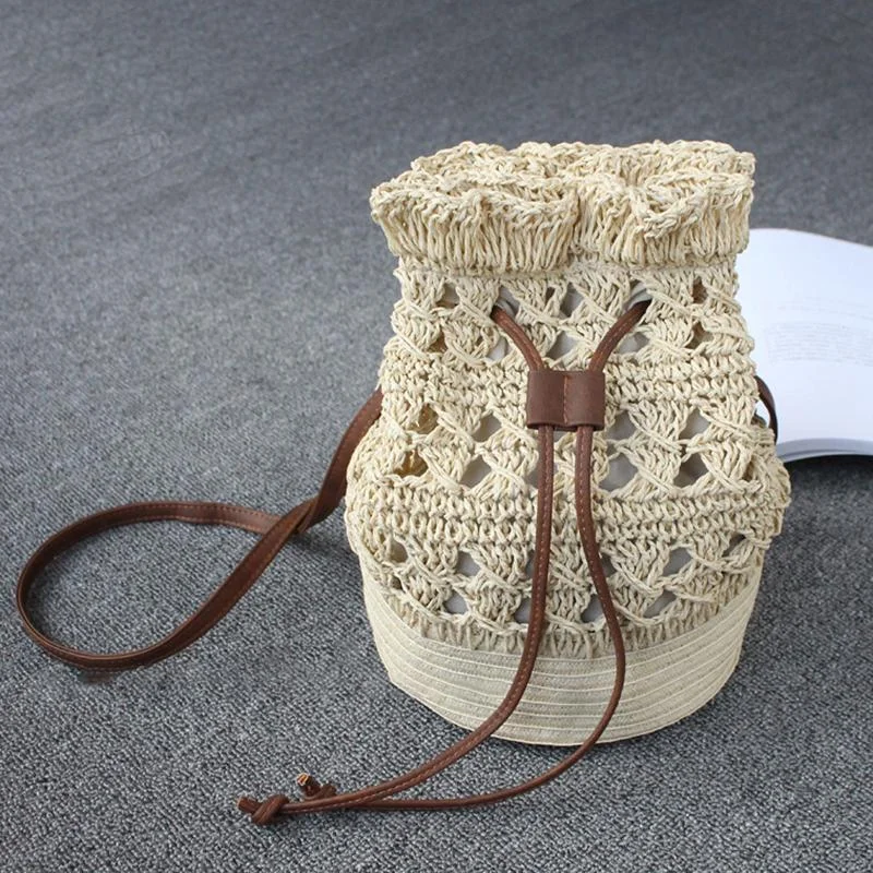 Valentine's Day Drawstring Travel Crochet Straw Bucket Bags