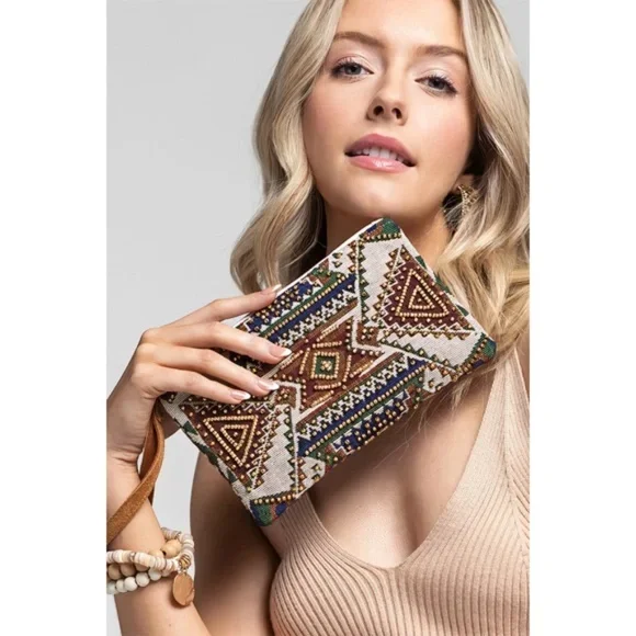 Bags With Tsa-Approved Features Handmade Cairo Western Boho Ethnic Pattern Beaded Jacquard Wristlet Clutch