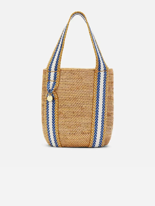 Inspired Bags For Affordable Luxury Sampela Handwoven Organic Atta Vegan Bucket Bag | Natural & Blue Stripe