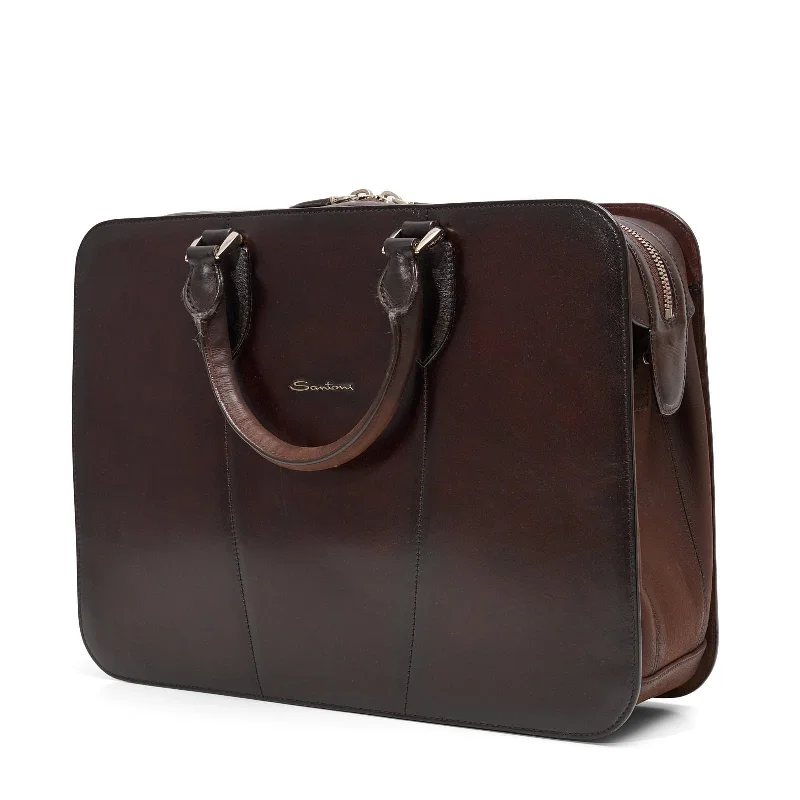 Discounted Designer Bags On Sale SANTONI Brown Handpainted Leather Briefcase Bag NEW
