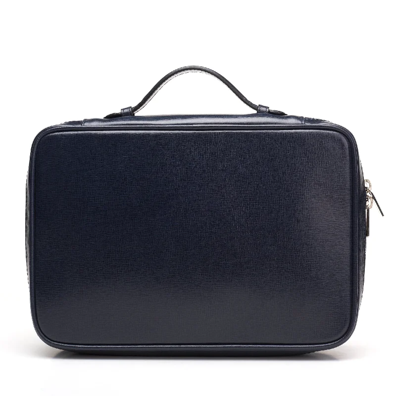 Shop Sales VALEXTRA "Flybook" Navy Blue Grained Leather Top Handle Small Case NEW Ipad Case