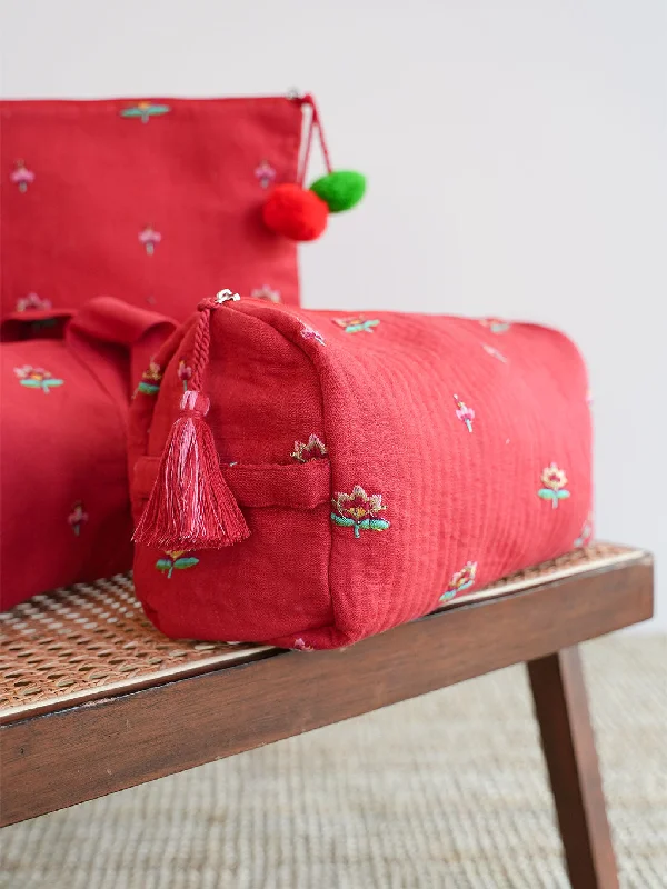 Vibrant Style Promotions Wash Bag Lotus Flower Embroidery on Red