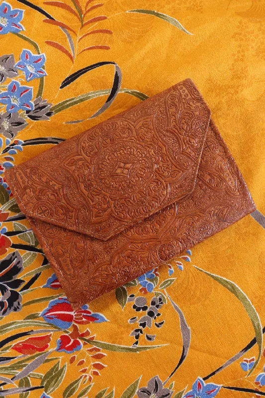Seasonal Clearance Bags For Summer 1940s Cognac Tooled Envelope Clutch