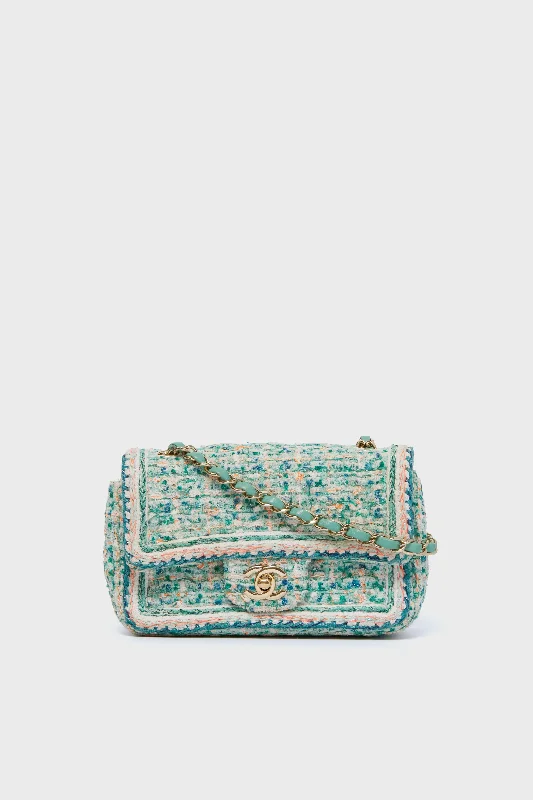 Cozy Handbags With Clearance Prices CHANEL Green Braided Tweed Flap Bag