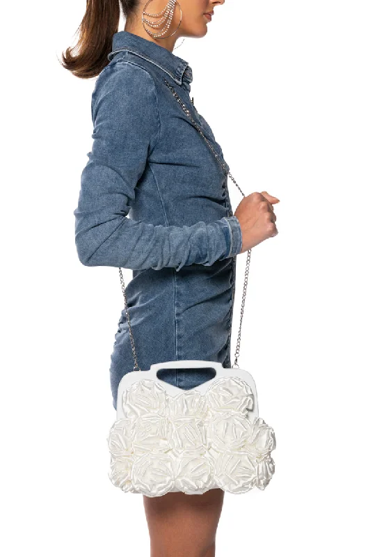 Stylish Bags For Fashion Influencers And Bloggers WINE AND DINE SATIN APPLIQUE CLUTCH