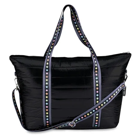 Vibrant Bags With Discounts Black Puffer Weekender Tote w/ Multi Star Straps