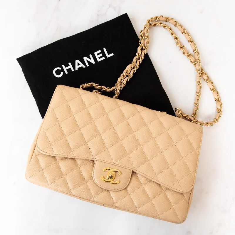 Bags With Tsa-Approved Features Chanel Beige Caviar Leather Jumbo Classic Single Flap Bag