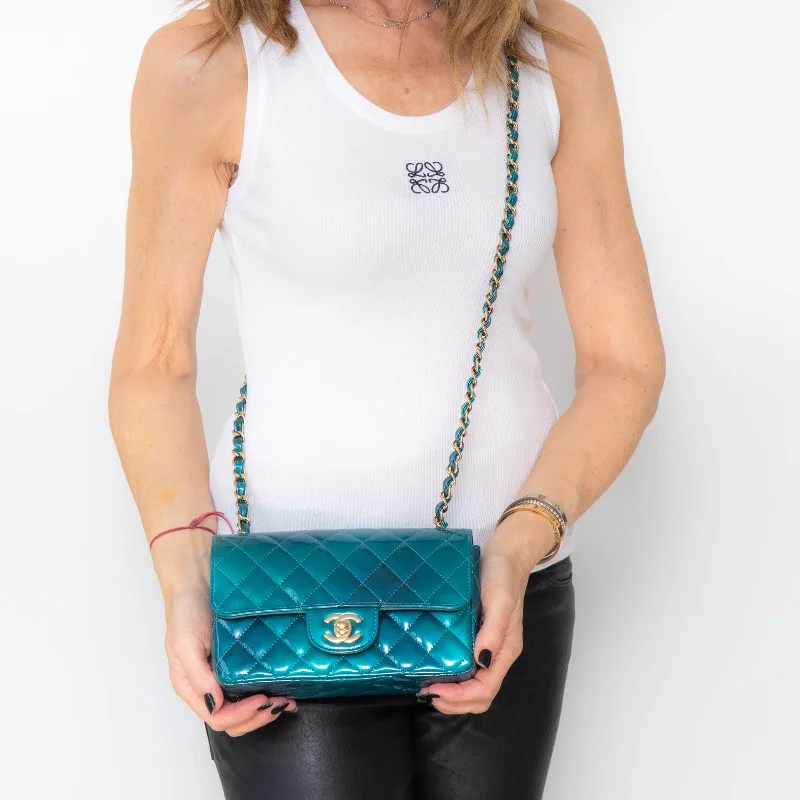 Lightweight Bags For Senior Travelers Chanel Blue Green Patent Mini Rectangular Flap Bag