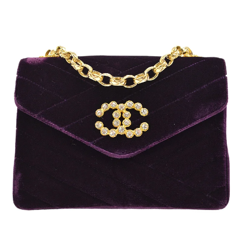 Cozy Handbags With Clearance Prices CHANEL * 1991-1994 Purple Velvet Rhinestone CC Diagonal Letter Flap Bag