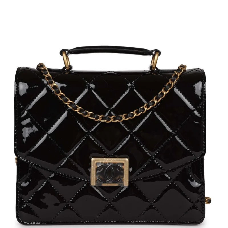 Elegant And On-Sale Evening Bags Chanel Accordion Pushlock Top Handle Flap Bag Black Patent Leather Aged Gold Hardware