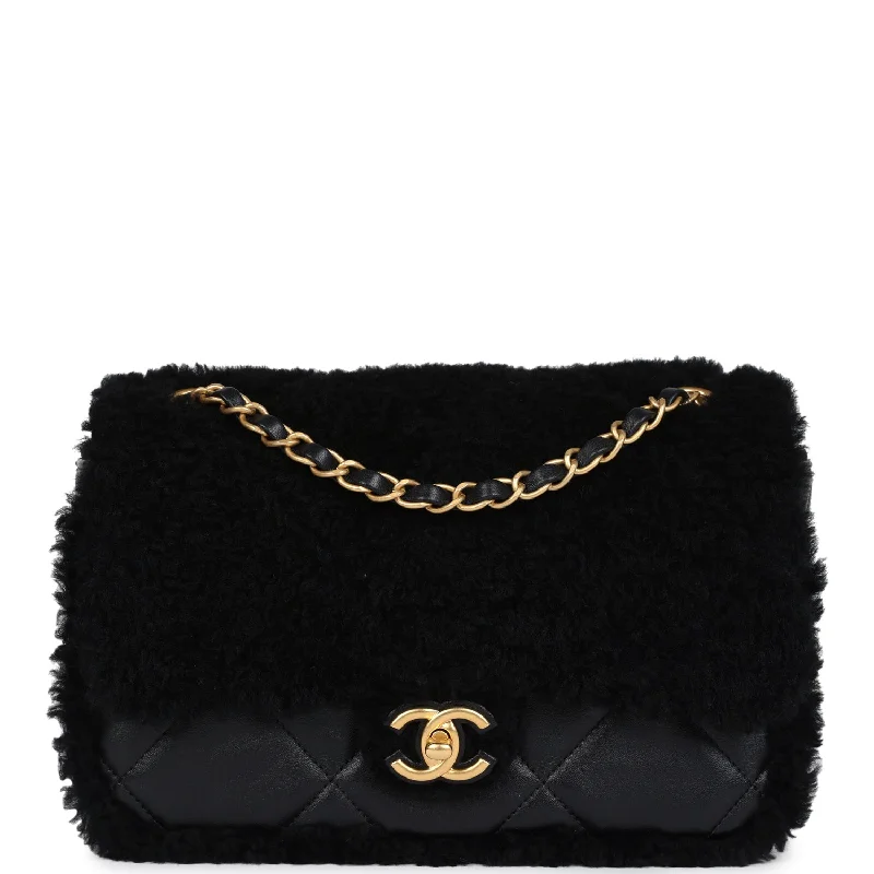 Trendy And Discounted Designer Handbags Chanel Medium Shearling Flap Bag Black Lambskin Brushed Gold Hardware