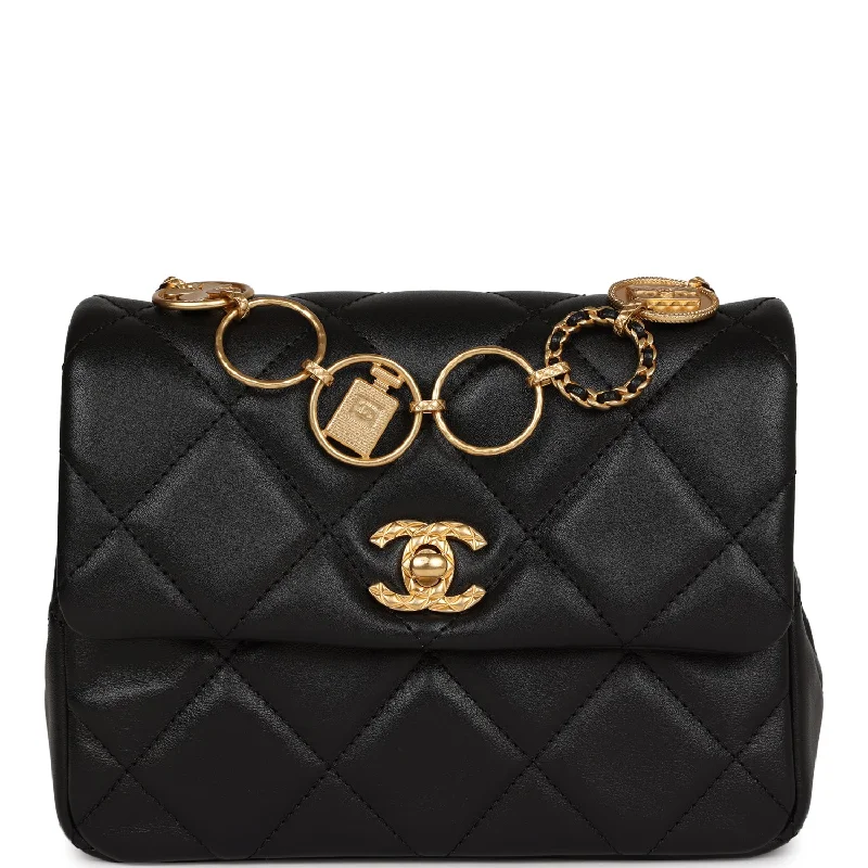 Bold Fashionistas Chanel Mini Charms Flap Bag Black Lambskin Brushed Gold Hardware