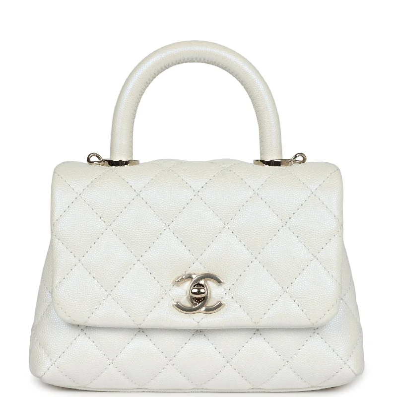 Urban Bags For City Life And Streetwear Fashion Chanel Mini Coco Handle Flap Bag Ivory Pearly Iridescent Caviar Light Gold Hardware
