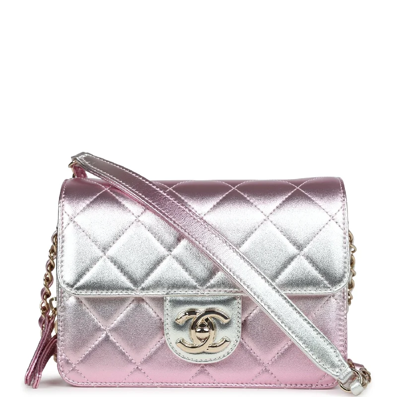 Discounted Designer Bags For Clearance Events Chanel Mini Flap Bag Pink and Silver Metallic Lambskin Light Gold Hardware