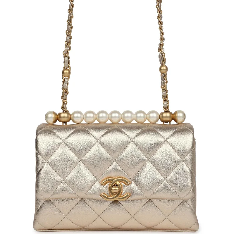 Limited-Time Offers On Trendy And Stylish Bags Chanel Mini Pearl Top Handle Flap Bag Metallic Gold Lambskin Brushed Gold Hardware
