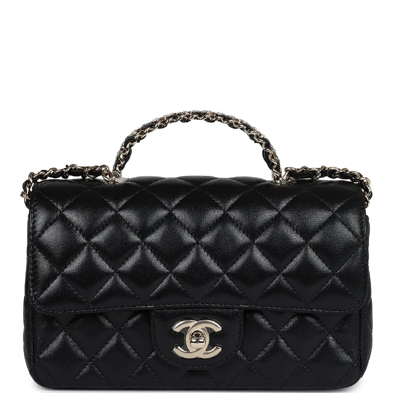 Office Professionals Chanel Mini Rectangular Crystal Top Handle Flap Bag Black Lambskin Light Gold Hardware