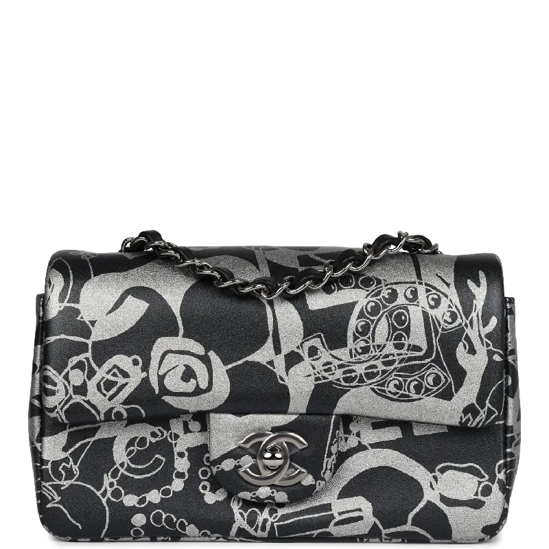 Affordable Bags For Budget Shoppers Chanel Mini Rectangular Flap Bag Black and Silver Printed Lambskin Ruthenium Hardware