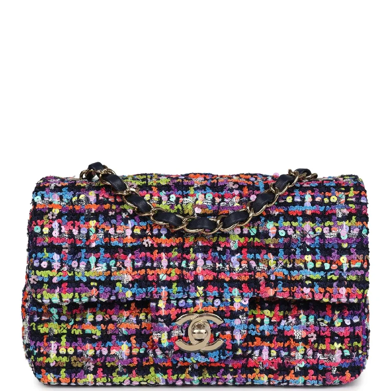 Vintage-Inspired Chanel Mini Rectangular Flap Bag Multicolored Tweed and Sequins Gold Hardware