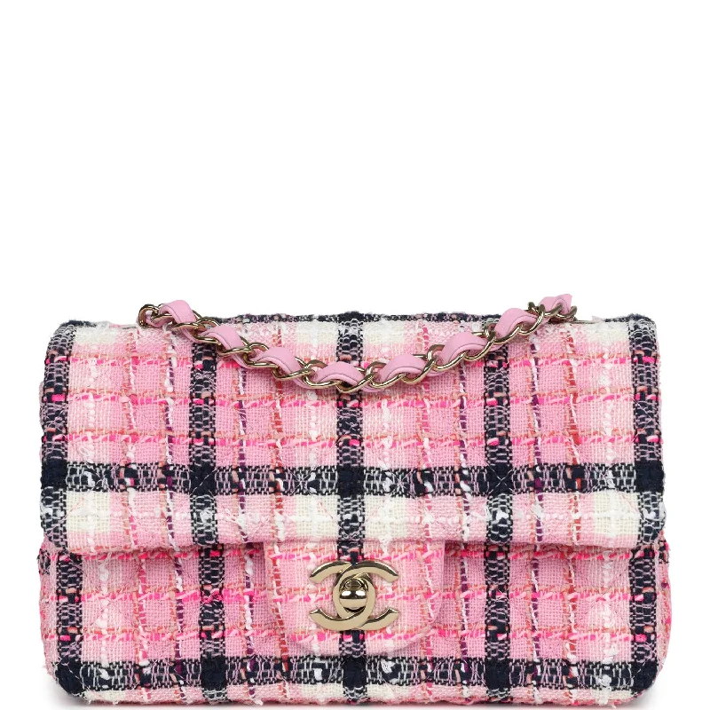 Flash Sale On Premium Bags Chanel Mini Rectangular Flap Bag Pink, White and Black Tweed Light Gold Hardware