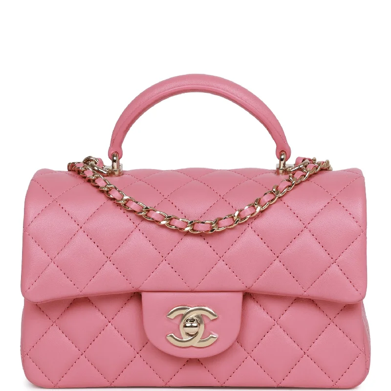 Luxury Bags On Sale Chanel Mini Rectangular Flap Bag with Top Handle Pink Lambskin Light Gold Hardware
