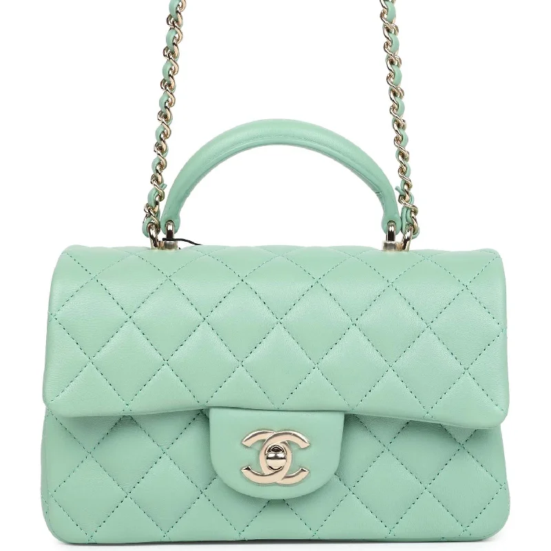 Senior Travelers Chanel Mini Rectangular Top Handle Flap Bag Light Green Lambskin Light Gold Hardware