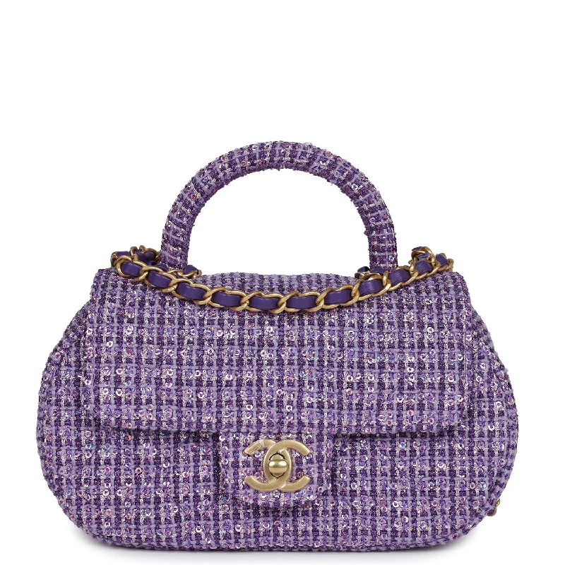 Wholesale Bags For Resellers Chanel Mini Sequin Flap Bag with Top Handle Purple Tweed Antique Gold Hardware