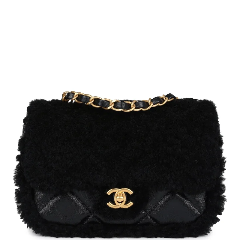Active Lifestyles Chanel Mini Shearling Flap Bag Black Lambskin Brushed Gold Hardware