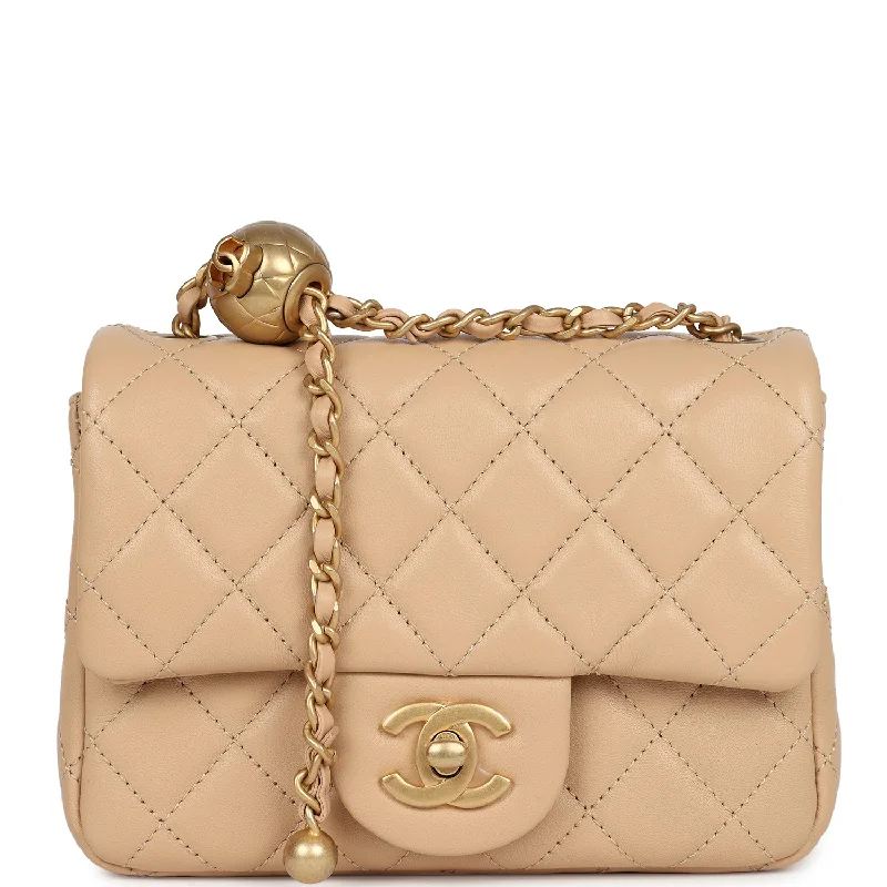 Festival Bags For Concerts And Events Chanel Mini Square Pearl Crush Flap Bag Beige Lambskin Aged Gold Hardware