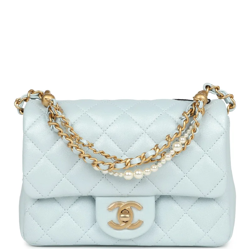 Eco-Friendly Bags With Discounts Chanel Mini Square Pearl Flap Bag Light Blue Iridescent Lambskin Brushed Gold Hardware