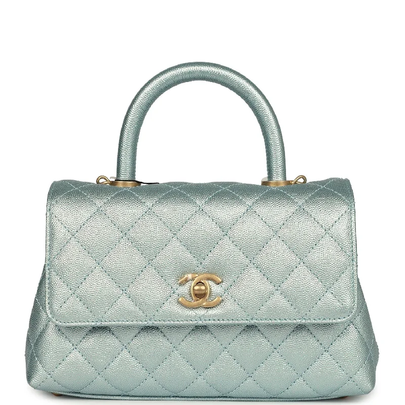 Bag For Modern Fashion Chanel Small Coco Handle Flap Bag Light Blue Iridescent Caviar Aged Gold Hardware