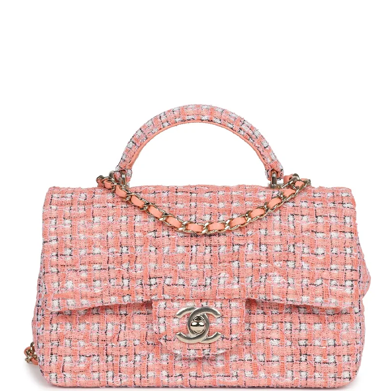 Discounted Designer Bags For Clearance Sale Chanel Mini Rectangular Top Handle Flap Bag Coral Tweed Light Gold Hardware
