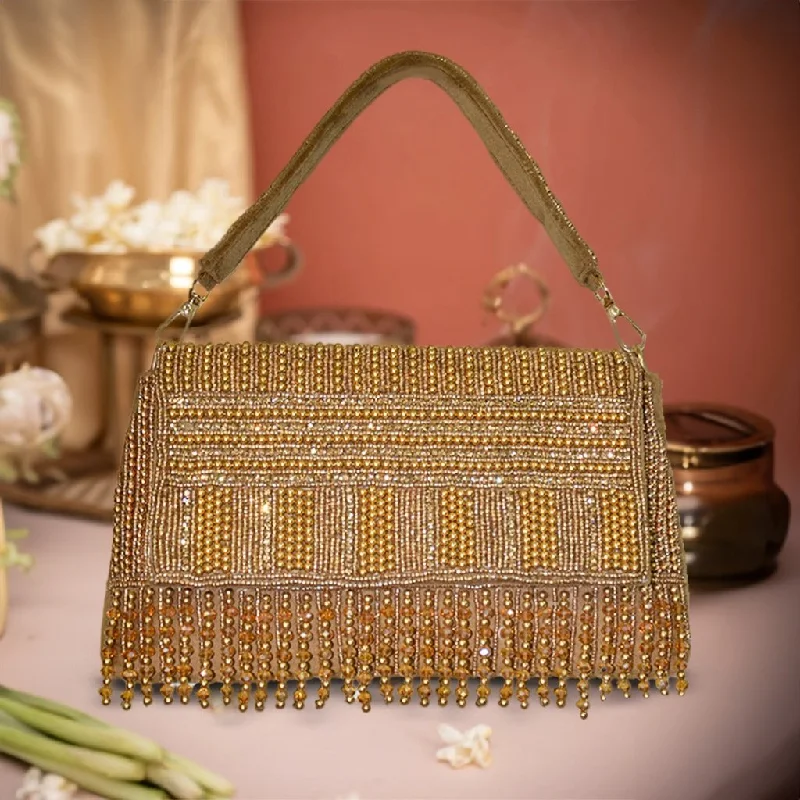 Spacious And Discounted Bags Ibadat Pearl Flap Bag | Golden