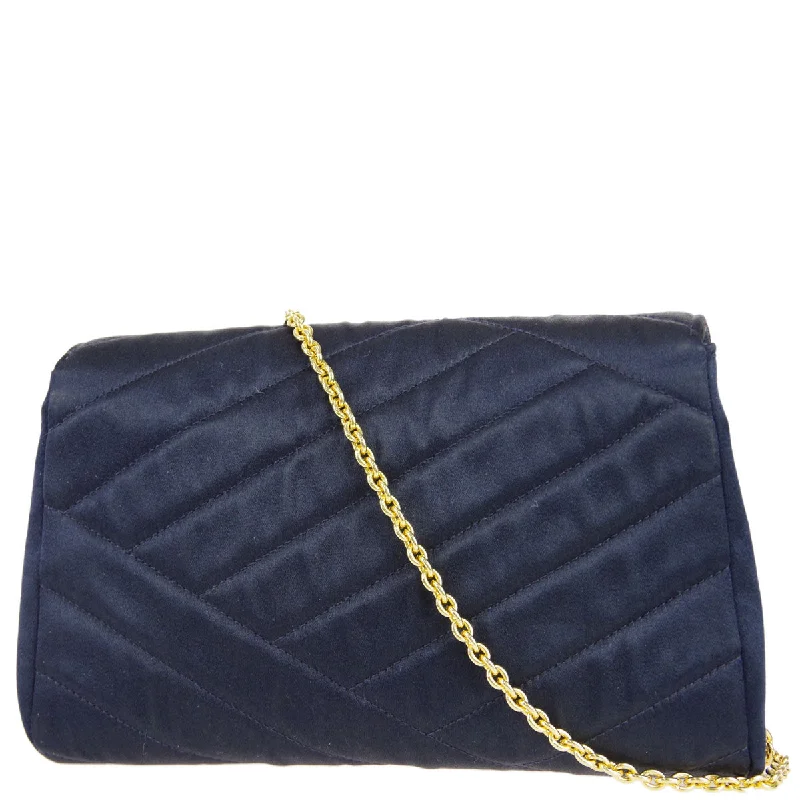 Professional Bags With Office Discounts Chanel 1989-1991 * Bias Stitch Rhinestone Chain Shoulder Bag Navy Satin