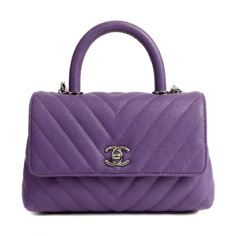 Luxury Bags With Premium Materials And Craftsmanship Chanel Chevron Caviar Royal Purple Mini Coco Handle Flap Bag w/ Silver Hardware Luxury Bags With Premium Materials And Craftsmanship Chanel Chevron Caviar Royal Purple Mini Coco Handle Flap Bag w/ Silver Hardware